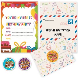 VELENTI 40 Kids Childrens Birthday Party Invitations - Kids, Boys, Grils Birthday Invitations, Invites with Folding Envelope Design and Holographic Stickers, Party Decoration