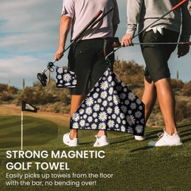 Golf Towels for Golf Bags Value 2 Pack 21"x16" and 12"x8" Set with Strong Magnetic Retractable Carabiner, Microfiber Waffle Towel Pattern Lightweight Absorbent Gift for Women Ladies (Daisy&Black)