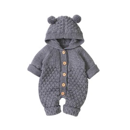 HKYFNNBW-Newborn Baby Winter Hoodie Romper, Long Sleeve Knitted Solid Color Button Jumpsuit (Grey, 0-6m)