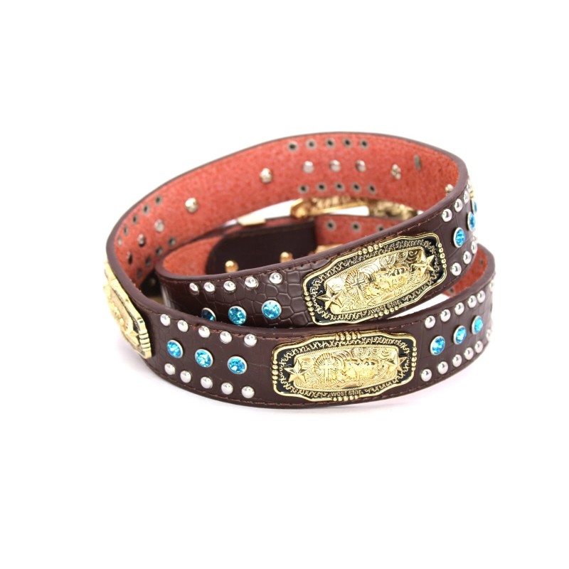 Western Belt Coffee Gold Cowboy Prayer Men Blue Stone Crocodile