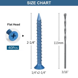 VGBUY 1/4 x 2-1/4 Inch 40Pcs Flat Head Concrete Screws, Screws Anchor with Drill Bit,for Masonry, Block, Brick, Cement,Stucco, No Pre Drilling, Diamond Point