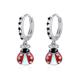VENACOLY Ladybird Earrings 925 Sterling Silver Beetle Earrings Moonstone Drop Earrings Ladybird Jewellery Gifts for Women, Sterling Silver, No Gemstone