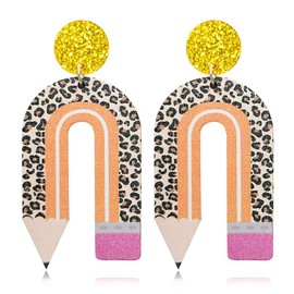 Creative Funny Teacher Earrings Wooden U-shaped Leopard Pencil Dangle Drop Earring for Teachers Creative Cute Teachers Appreciation Day Jewelry Gifts for Women (Baowen Orange pencil Earrings)