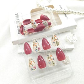 Almond Press on Nails Short Fake Nails with Flower Leaves Designs Purple Nails Press ons Glossy Glue on Nails Full Cover False Nails Summer Acrylic Nails Artificial Stick on Nails for Women 24Pcs