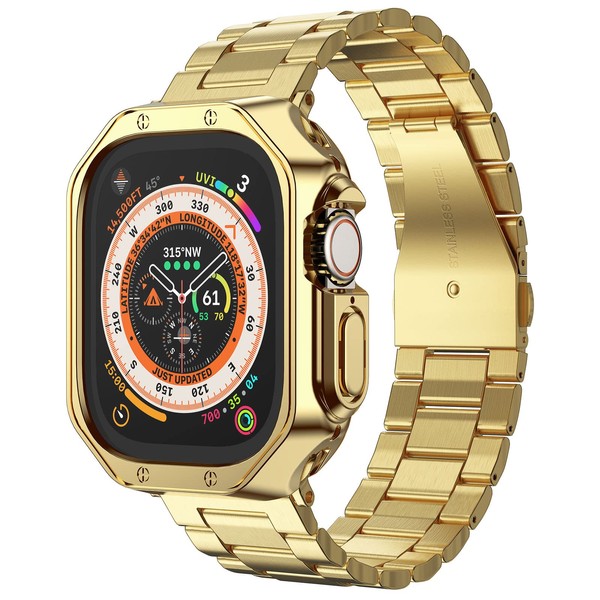 Compatible with Apple Watch Band and Case, Stainless Steel Metal Chain with TPU Cover, Smart-Watch Link Bracelet Strap, Wrist-Band for i-Watch Series 9 8 7 6 5 4 3 2 1 SE, 45mm 44mm 42mm, Gold
