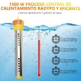 Calentador de Agua de Inmersión 1500W, Calentador de Agua Electrico Portatil, con Carcasa de acero inoxidable 304, Termómetro LCD digital y cepillo de limpieza, Calienta 19 litros de agua en minuto