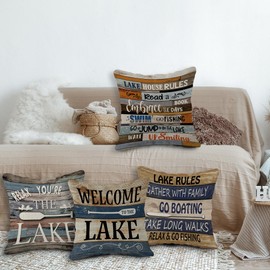 Welcome to The Lake Throw Pillow Case, 18 x 18 Inch Set of 4, Lake Rules Decor, Lake House Decor for The Home, Lake Cabin Decor, Lake Paddle Decor, Lake Cabin Decor, Cushion Cover for Sofa Couch Bed