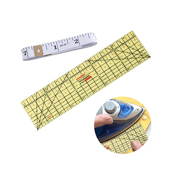 Svalor Hot Ironing Ruler with Inches System, Heat Resistant Ruler, Hot Hem Ruler and Dual Sided Measuring Tape, 2-Piece Ruler Set for Home Ironing, Patch Tailor Craft, DIY Sewing Supplies