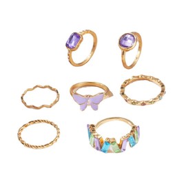 Rrdaily Dainty Stackable Knuckle Crystal Rings Set for Women,Knuckle Purple Butterfly Rings Set Thin Dainty Gold Rings HipHop Jewelry Gift (A)