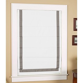 Green Mountain Vista Thermal Blackout Cordless Roman Shade with Ribbon Border (32" Wide x 63 Long, White with Grey Ribbon Border)