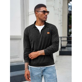 Yousify Mens Distressed Quarter Zip Casual Sweatshirts Long Sleeve Stand Collar Lightweight Cotton Fall Pullover with Pockets Black
