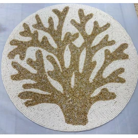 White Beaded Placemat White Gold Coral Seashell Charger New  Luxe Collection 15" New