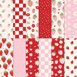 FYSUIMU 12Pcs Strawberry Cotton Fabric Bundles Red Pink Strawberry Flower Plaid Fat Quarters Spring Summer Sewing Fabrics for DIY Craft Party Decor, 18 x 22 Inch