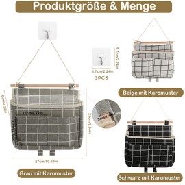 KATIMI Pack of 3 Hanging Organiser Bathroom, Foldable Linen Wall Organiser, High Capacity Hanging Storage with 3 Hooks, Door Bathroom Organiser Hanging for Motorhome, Home, Office (Check, 3 Colours)
