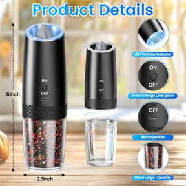 MealHelper Rechargeable Gravity Electric Salt and Pepper Grinder Set with LED Light, Type-C Fast Charging, Adjustable Coarseness, Large Capacity Grinder for Kitchen, Restaurant & Outdoor, (2 Pack)