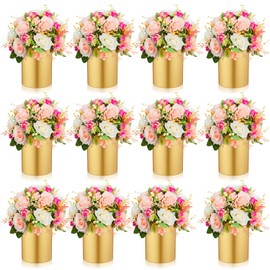 Ninehaoou 12 Pcs Gold Cylinder Vases for Wedding Centerpieces 5.1 Inch Tall Metal Flowers Vase Small Hurricane Candle Holder for Wedding Dining Coffee Table Party Decorations, Not Included Flowers