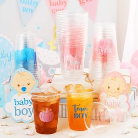 Qinyoung 50 Pcs Fall Pumpkin Team Boy or Team Girl Gender Reveal Party Supplies 12 oz Party Cups Pink and Blue Plastic Disposable Cups Western Gender Reveal Decorations for Baby Shower