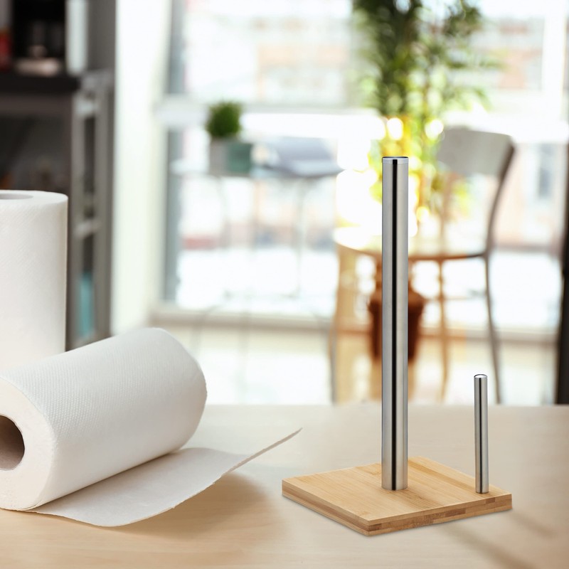 Relaxdays Standing Kitchen Roll Holder, Bamboo, Stainless Steel, Roll Holder