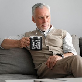 CUPLOOV Funny Grandpa Gifts for Fathers Day, 14 Oz Tumbler Mug with Lid & Straw, Birthday Gift for Grandfather from Granddaughter and Grandson, If Grandpa Can't Fix It We're All Screwed Mug, Black