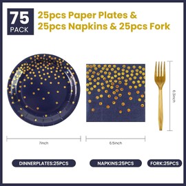 75PCS Paper Plates&Napkins Set, Blue Gold Dot Disposable Party Dinnerware 7In Dinner Plates 6.5In Napkins 6.3In Plastic Fork Tableware for Birthday Party Decoration 2025 New Year 25 Guests (Blue, 7N)