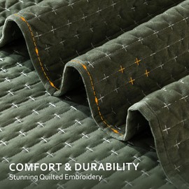 Grassix Velvet Queen Quilt Set - Luxury Army Green Quilt Set, Lightweight Soft Velvet Comforter for All Season, Cross Stitch Bedspreads Queen Size with 2 Shams, Queen Quilt Bedding Set