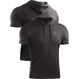 NELEUS Men's 3 Pack Dry Fit Running Shirt Workout Athletic Shirt with Hoods,Grey Black,Navy Blue,Red,US L,EU XL