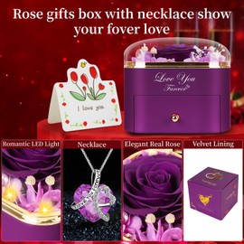 Lebana Preserved Purple Real Rose with Heart Necklace -Eternal Flowers Rose Birthday Gifts for Women Wife Mom Girlfriend Grandma Gifts Idea on Christmas Valentines Mothers Day for Her