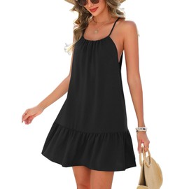 AI'MAGE Pool Cover Ups for Women Sleeveless Adjustable Strap Beach Mini Dress Coverups with Flowy Hem Black M