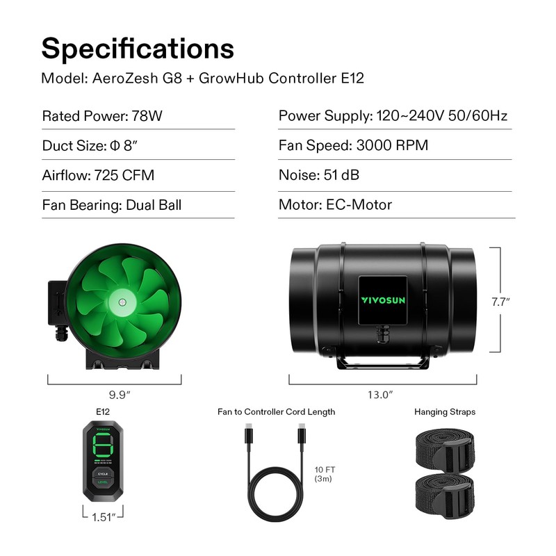 VIVOSUN G8 8" Inline Duct Fan & 3 Cycle Modes