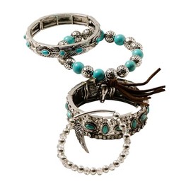 Shyanne Women's 4-Piece Silver Longhorn and Turquoise Beaded Bracelet Set - SAFA21B4 One Size