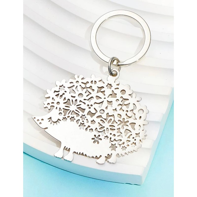 Silver Hedgehog Keyring, Hedgehog Keychain, Hedgehog Gift, Laser cut effect