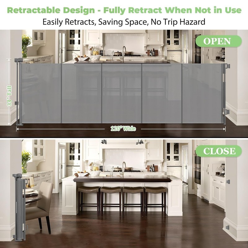 Reinforced 120" Extra Wide Retractable Baby Gate with Support Rods
