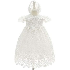 Bow Dream Baby Girls 3 Pcs Gown and Bonnet Christening Baptism Dress Lace Baby Dress White 6-12 Months