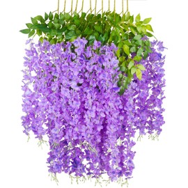GPARK 12 Pack /45 inch /3.7ft Wisteria Artificial Flower Bushy Silk Vine Ratta Hanging Garland Hanging for Wedding Party Garden Outdoor Greenery Office Wall Decoration Purple
