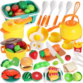 LovesTown 59PCS Pretend Play Food Set for Toddler, Yellow Toys Pots and Pans for Kids with Basket Kitchen Toys for Girls Boys Birthday Gifts