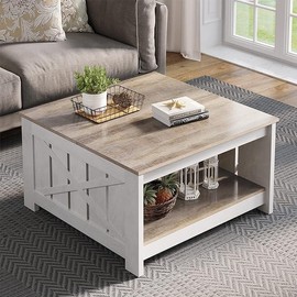 YITAHOME Farmhouse Coffee Table with Storage Rustic Wood Cocktail Table,Square Coffee Table for Living Meeting Room with Half Open Storage Compartment - Color: No Lift Top--Grey Wash