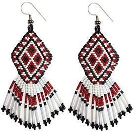 BeadsCorner Southwestern Geometric Beaded Dangle Earrings, Black Maroon, 3.5 in, Nickel Free