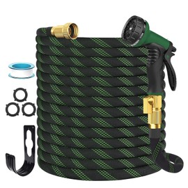 Garden Hose Non-Expandable 25 ft, Lightweight Flexible Water Hose with 10-Pattern Spray Nozzle, Leak Proof, Kink-Free, Portable Hose for Yard, Lawn, Camper, High-Density Fabric, Black Green