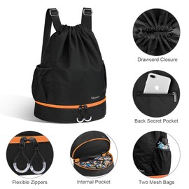 RYACO Drawstring Backpack Sports Gym Bag, Water Resistant String Sackpack Large Size with Zipper and Water Bottle Mesh Pockets for Gym Shopping Sport Yoga School Swimming Beach (Black & Orange)