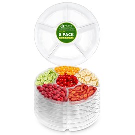 PARTY BARGAINS 12" Round Plastic Serving Tray, 6-Sections, Clear, Pack of 8