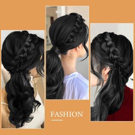 Hanaoops Braid Headband, 3 Strands Fishtail Plaited Braided Hairband, Adjustable Chunky Wide Braids Wig Band, Elastic Synthetic Twist Front Hairpiece Accessory for Women Girl