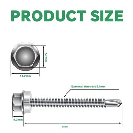 HXJDAM 60 pieces trapezoidal sheet metal screws, self-tapping screws, M5.5 x 50 mm, 410 stainless steel self-tapping screws, hexagonal screws drilling screws, stainless steel metal roof screws