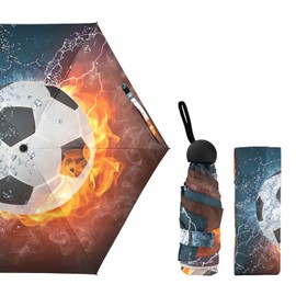 Oyihfvs Soccer Ball in Fire and Water 5 Folding Ultra-Light Umbrella, Small Mini Anti-UV Compact Travel Umbrella, 6 Ribs Pocket Windproof Foldable Vinyl Parasol
