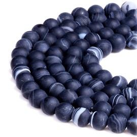 PLTbeads Natural Gemstone Loose Beads Smooth Round Approxi 15 inch DIY Bracelet Necklace for Jewelry Making (8mm, Matte Black Stripe Agate)