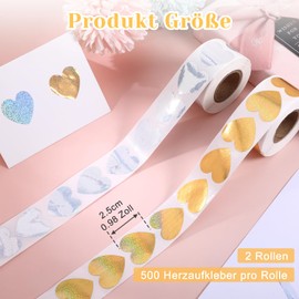 1000 Stück Herz Sticker Liebe, Glitzer Aufkleber zum Beschriften, 2,5 cm Herzen Sticker für Hochzeit, Herz Aufkleber für Geburtstagsgeschen (Gold Silber)
