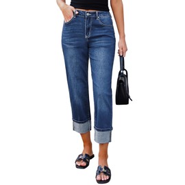 luvamia Straight Leg Jeans for Women Trendy Cropped Jeans High Waisted Cuffed Nightfall Blue Stretch Jeans for Women Jean Capris for Women Cropped Pants for Women Size Medium Fits Size 8 Size 10