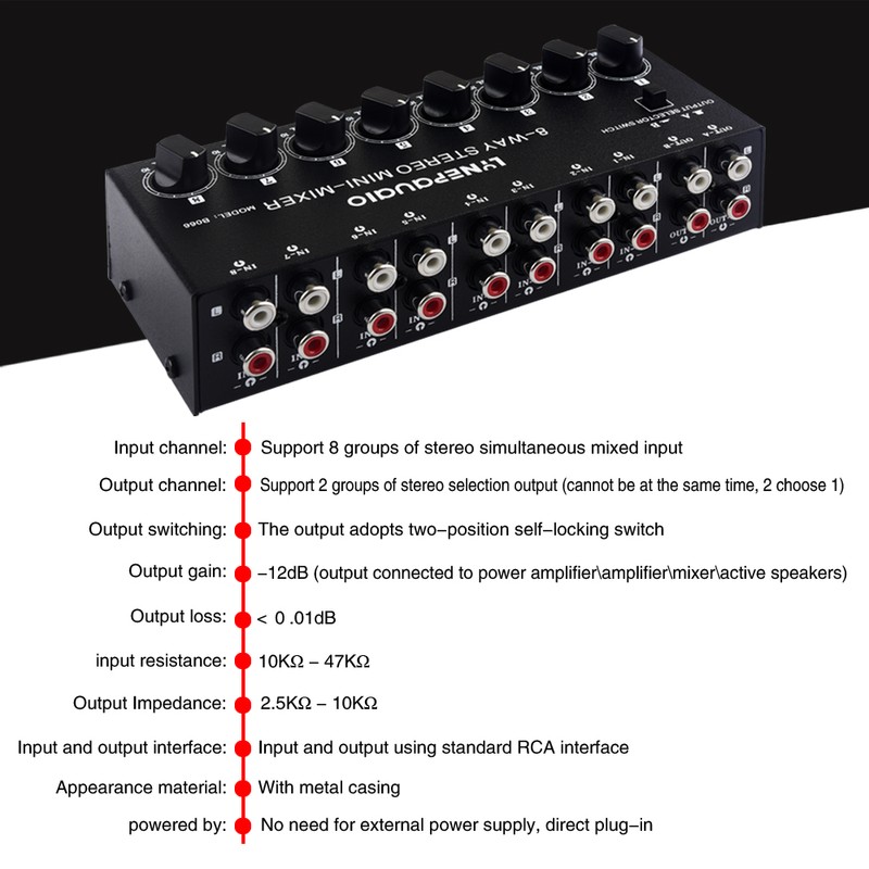LYNEPAUAIO B066 Mini Stereo 8 Channel Passive Mixer RCA Portable