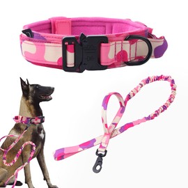 Tactical Dog Collar and Leash Set Tactical Dog Collar with Handle Bungee Leash Adjustable Military Training Nylon Collar Dog Training Collar Leash Set with Control Handleand Metal Buckle （Pink Camo L