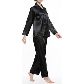 Lavenderi Women's Long Sleeve Premium Satin Pajama Set (Large, Solid Black)