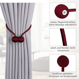 TopHomer Magnetic Curtain Tiebacks Curtain Clips Rope Back Curtain Holder Buckles Curtain Binder Curtain Holder for Home Decoration Pack of 2 Deep Red